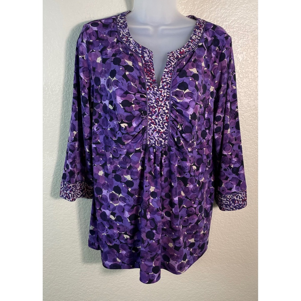 Susan Graver Womens Medium Tunic Top Purple Bubble Print Liquid Knit 3/4 Sleeve